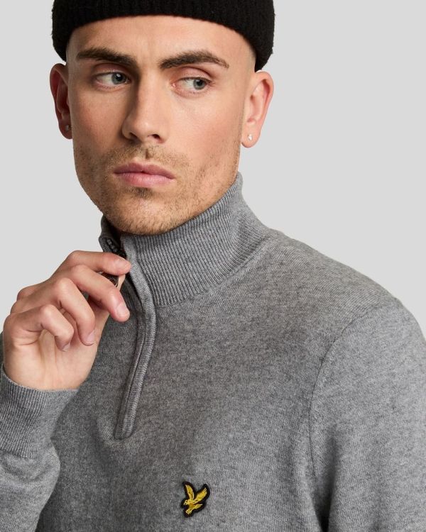 Lyle & Scott Cotton Merino Quarter Zip Jumper Mid Grey Marl  (KN2112VC-T28) - Caramel (Sint-Job-in-’t-Goor)