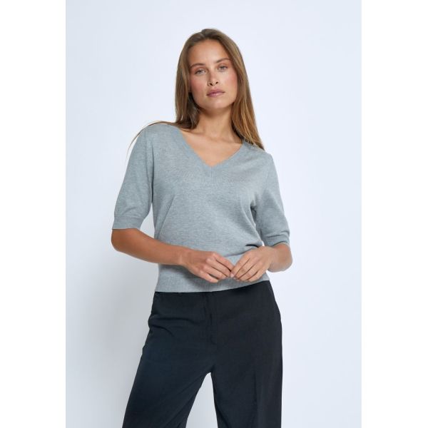 Minus Villa V-Neck Knit Tee Light Grey Melange  (MI4751-112M) - Caramel (Sint-Job-in-’t-Goor)