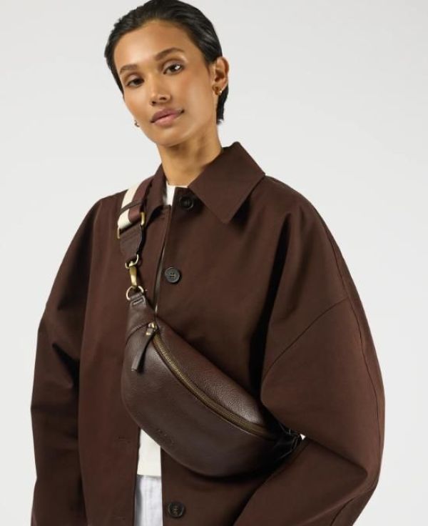 O My Bag Niko Bum Bag Webbing Strap Striped Chocolate Soft Grain Leather  (OMB-E231CH) - Caramel (Sint-Job-in-’t-Goor)