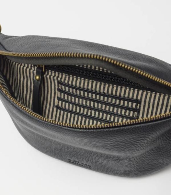 O My Bag Niko Bum Bag Webbing Strap Striped Black Soft Grain Leather  (OMB-E231N) - Caramel (Sint-Job-in-’t-Goor)