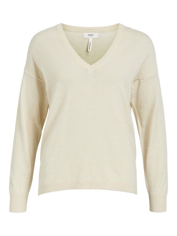 Object Thess L/S V-Neck Knit Pullover Sandshell Melange  (23034470-sandshell) - Caramel (Sint-Job-in-’t-Goor)