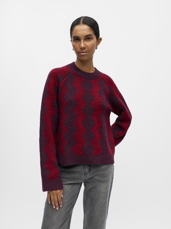Object Diana LS RE O-Neck Knit Mauve Wine/Karanda Red Zigzag  (23046897 mauve wine) - Caramel (Sint-Job-in-’t-Goor)