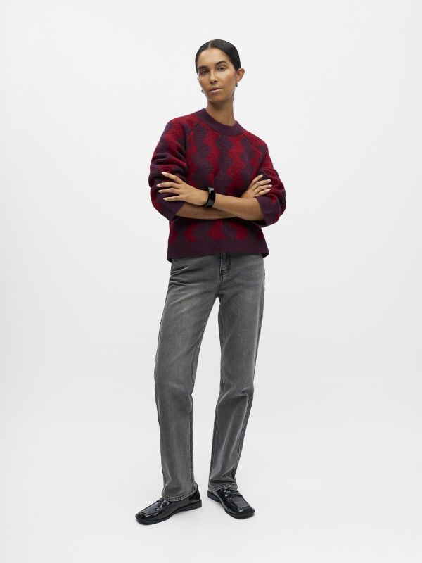 Object Diana LS RE O-Neck Knit Mauve Wine/Karanda Red Zigzag  (23046897 mauve wine) - Caramel (Sint-Job-in-’t-Goor)