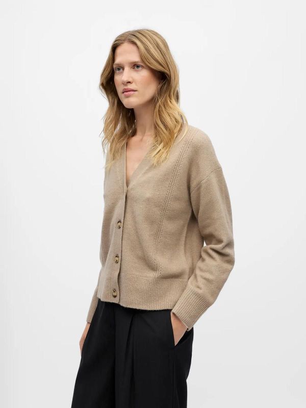 Object Juno L/S LO V-Neck Knit Cardigan Desert Taupe  (23047778 DESERT TAUPE) - Caramel (Sint-Job-in-’t-Goor)