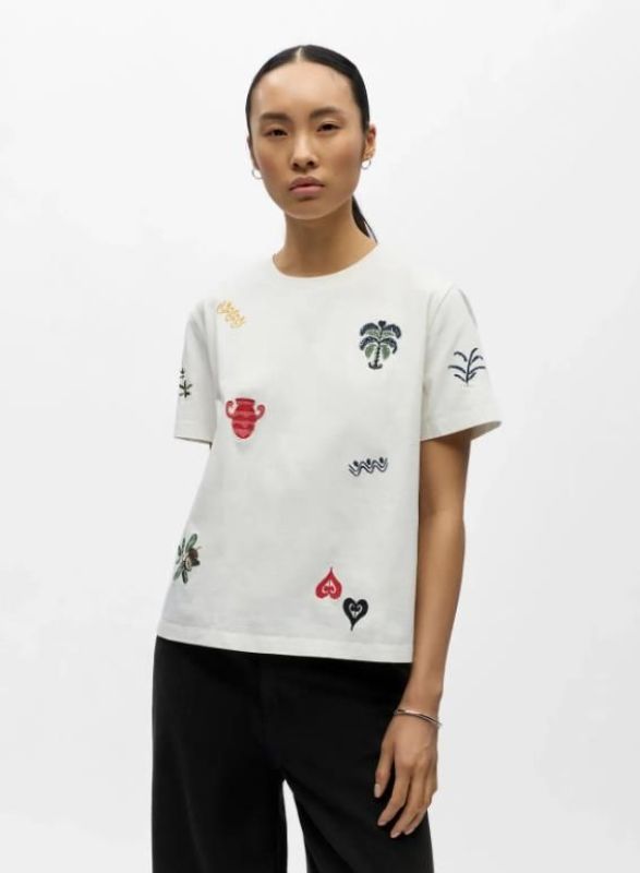 Object Lunai S/S LO T-Shirt Cloud Dancer Embroidery  (23048765 Cloud Dancer Embroidery) - Caramel (Sint-Job-in-’t-Goor)