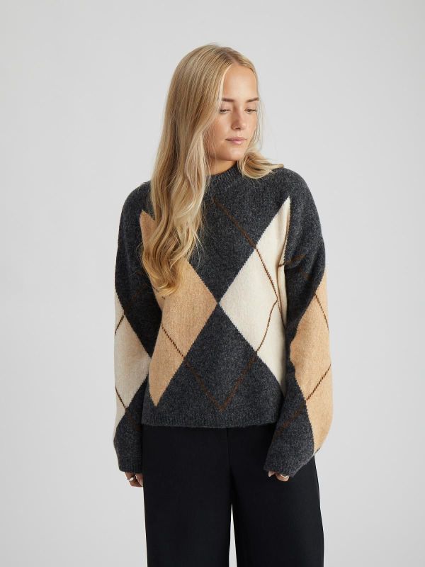 Peppercorn Tirna RWS Jaquard Pullover - Dark Grey Mel. Checked  (PC9977-127) - Caramel (Sint-Job-in-’t-Goor)