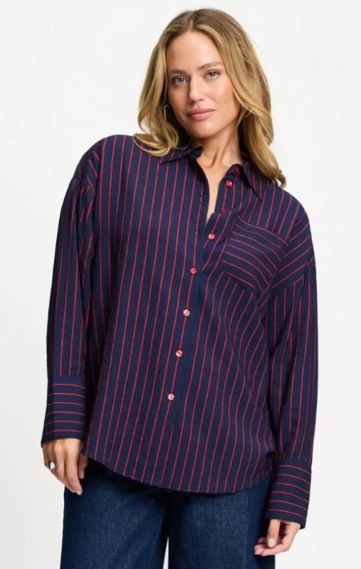 Pom Amsterdam Blouse Beau Twill Striped Blue  (SP9796-650) - Caramel (Sint-Job-in-’t-Goor)