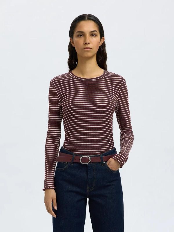 Selected Femme Anna LS Crew Neck Tee Stripes Fig Snow White Stripes  (16078946 fig) - Caramel (Sint-Job-in-’t-Goor)