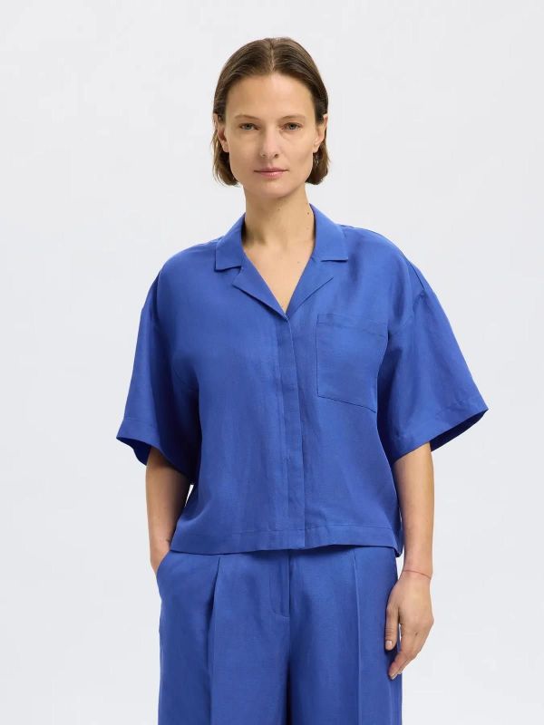 Selected Femme Lyra 2/4 Boxy Linen Blend Shirt Dazzling Blue  (16093093 dazzling blue) - Caramel (Sint-Job-in-’t-Goor)