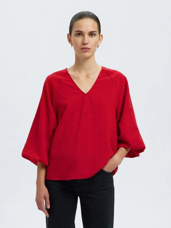 Selected Femme Amida 3/4 V-Neck Top Equestrian Red Checks  (16096643 EQUESTRIAN RED) - Caramel (Sint-Job-in-’t-Goor)