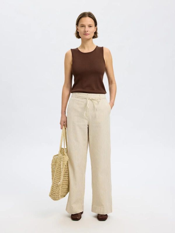 Selected Femme Johanne HW Striped Belted Long Pant Birch Stripes  (16097742 birch) - Caramel (Sint-Job-in-’t-Goor)