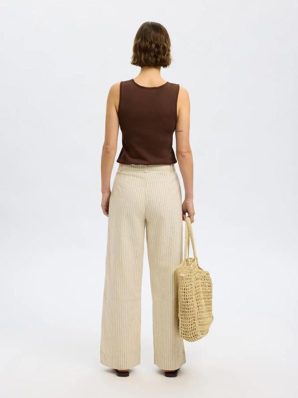 Selected Femme Johanne HW Striped Belted Long Pant Birch Stripes  (16097742 birch) - Caramel (Sint-Job-in-’t-Goor)