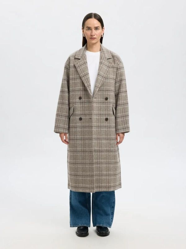 Selected Femme Harper Wool Blend Check Coat Fig Pattern Check  (16098017 FIG) - Caramel (Sint-Job-in-’t-Goor)