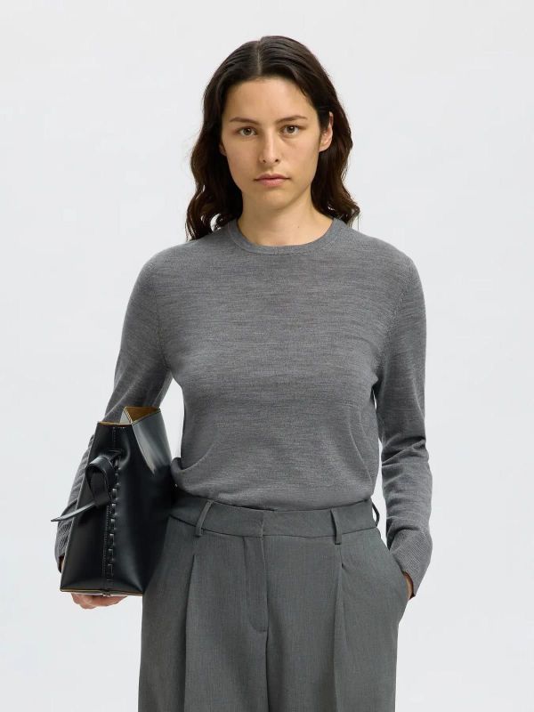 Selected Femme Thea LS Knit Merino O-Neck Noos Medium Grey Melange  (16098147 medium grey melange) - Caramel (Sint-Job-in-’t-Goor)