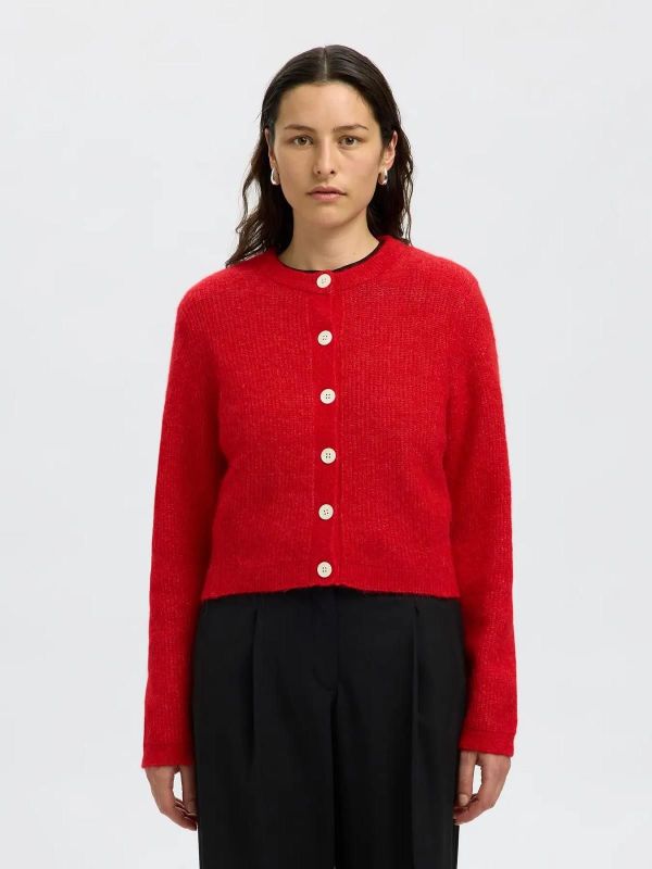 Selected Femme Sia Ras LS Knit Cropped Cardigan Equestrian Red  (16098322 EQUESTRIAN RED) - Caramel (Sint-Job-in-’t-Goor)
