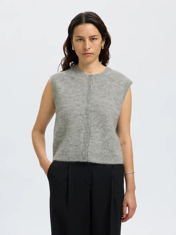 Selected Femme Lulu SL Button O-Neck Vest Light Grey Melange  (16098808 LIGHT GREY MELANGE) - Caramel (Sint-Job-in-’t-Goor)