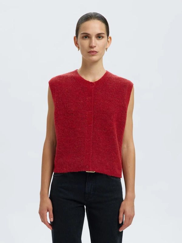 Selected Femme Lulu SL O-Neck Button O-Neck Vest Equestrian Red  (16098808 equestrian red) - Caramel (Sint-Job-in-’t-Goor)