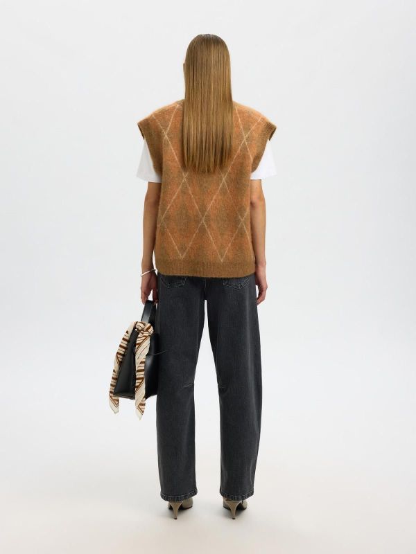 Selected Femme Lulu Brushed Argyle Knit Vest Golden Brown  (16099575 GOLDEN BROWN) - Caramel (Sint-Job-in-’t-Goor)