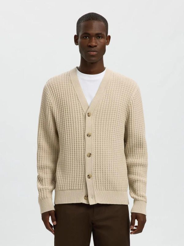 Selected Homme Tom LS Knit Structure V-Neck Cardigan Oatmeal  (16099887 OATMEAL) - Caramel (Sint-Job-in-’t-Goor)