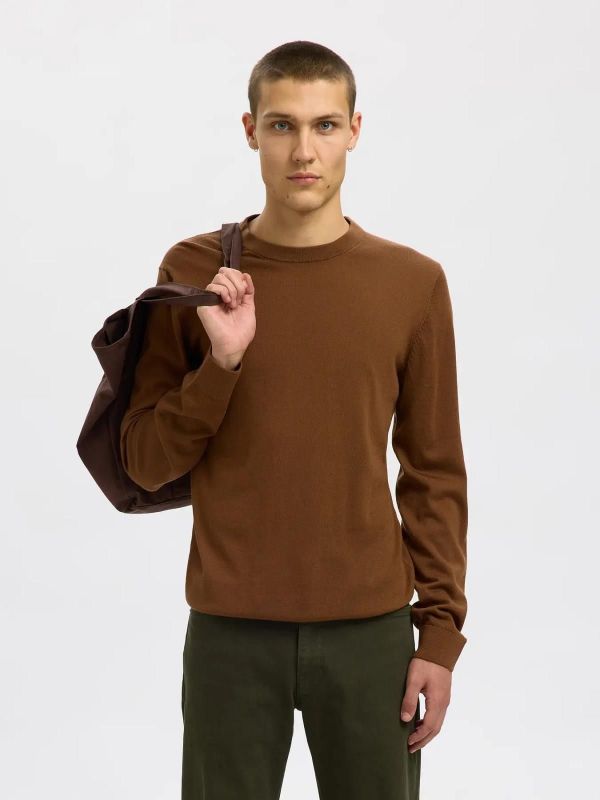 Selected Homme Tray LS Knit Merino Crew Neck Soft Silt  (16094647 soft silt) - Caramel (Sint-Job-in-’t-Goor)