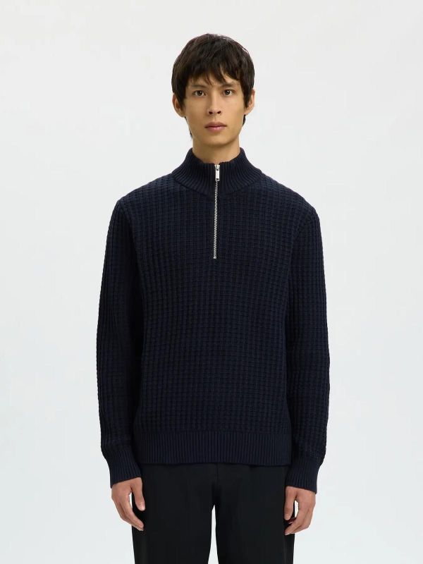 Selected Homme Tom LS Knit Structure Half Zip Sky Captain  (16099208 SKY CAPTAIN) - Caramel (Sint-Job-in-’t-Goor)