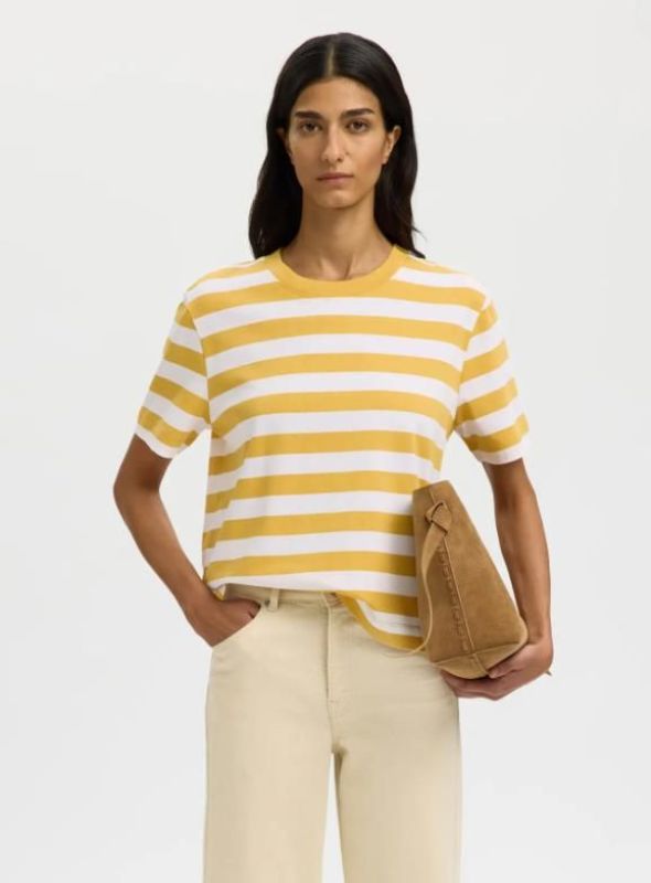 SLF Essential SS Striped Boxy Tee Ochre/Bright White  (16087918 ochrer stripes white) - Caramel (Sint-Job-in-’t-Goor)