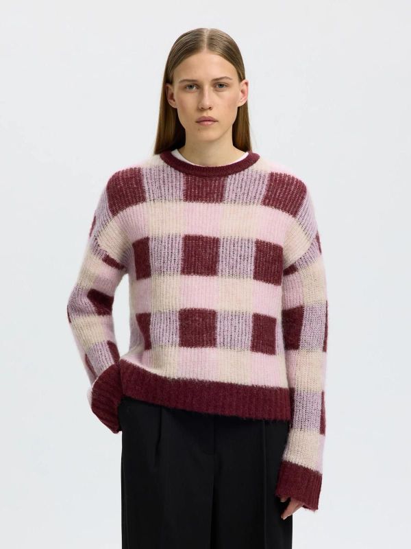 SLW Lulu Loose LS Check Knit O-Neck Tawny Port Winesome Orchid And Birch  (16101985 twany port winesome ) - Caramel (Sint-Job-in-’t-Goor)