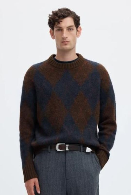 SLM Rai Knit Argyle Crew Neck - Bruin/Blauw   (16101908 delicioso navy blazer ) - Caramel (Sint-Job-in-’t-Goor)