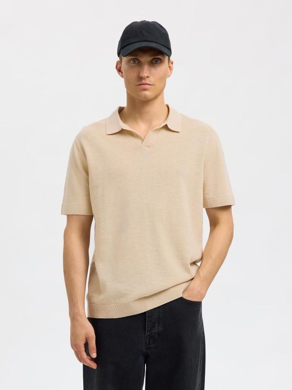 SLH Mattis SS Linen Blend Open Polo Oatmeal  (16096197 OATMEAL) - Caramel (Sint-Job-in-’t-Goor)