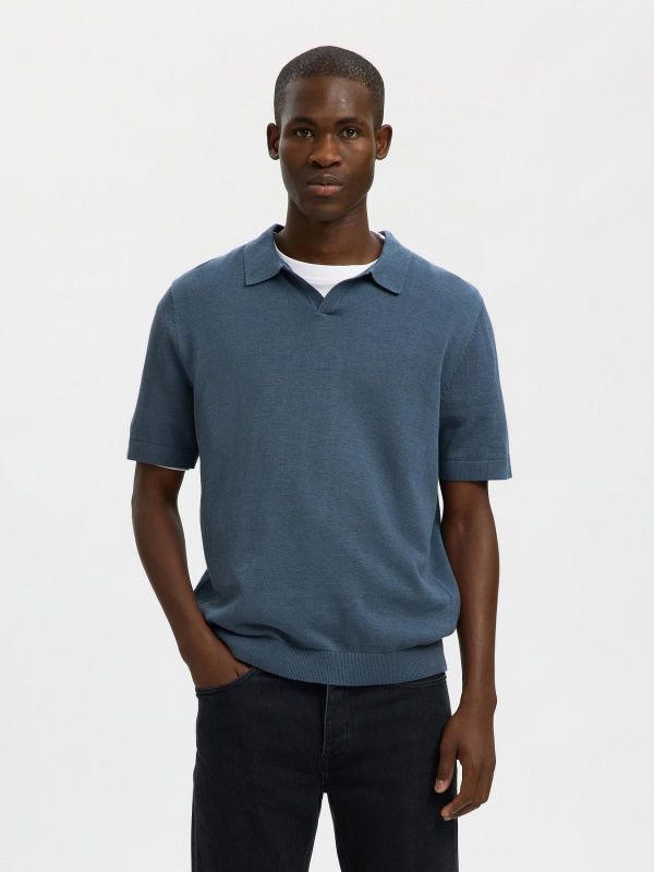 SLH Mattis SS Linen Blend Open Polo Blue Mirage  (16096197 BLUE MIRAGE) - Caramel (Sint-Job-in-’t-Goor)