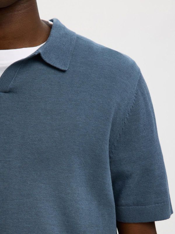 SLH Mattis SS Linen Blend Open Polo Blue Mirage  (16096197 BLUE MIRAGE) - Caramel (Sint-Job-in-’t-Goor)