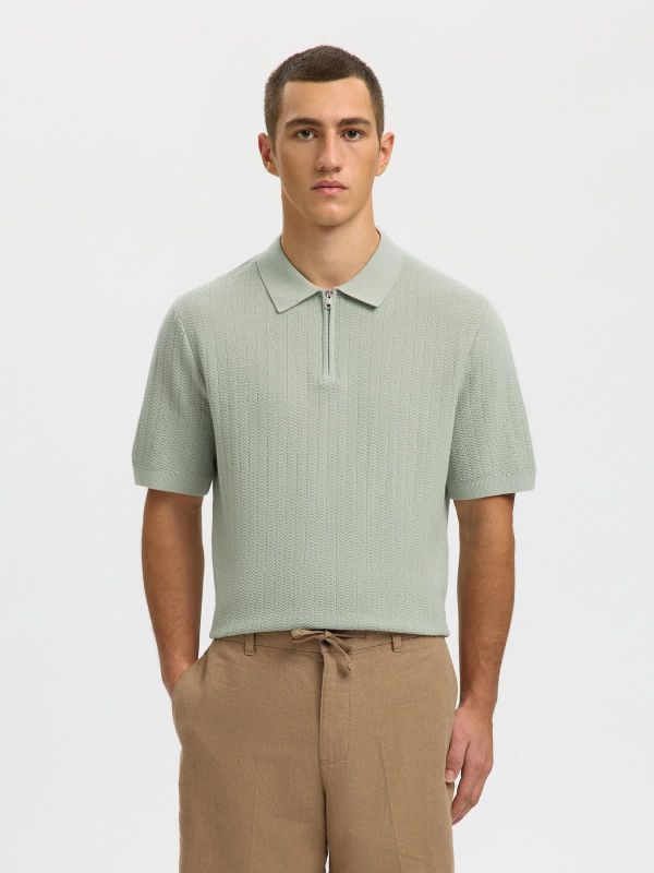 SLH Cran SS Knit Structure Zip Polo Aqua Gray  (16096388 Aqua Gray) - Caramel (Sint-Job-in-’t-Goor)