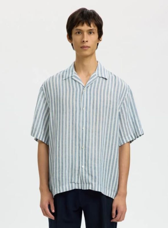 SLH RLX Kylian Linen SS Shirt Blue Mirage/White  (16096908 Blue Mirage Blue + White) - Caramel (Sint-Job-in-’t-Goor)