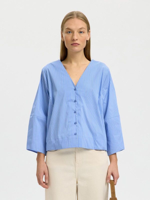 SLF Bea 3/4 V Neck Shirt Dusty Blue Stripe  (16100774 DUSTY BLUE) - Caramel (Sint-Job-in-’t-Goor)