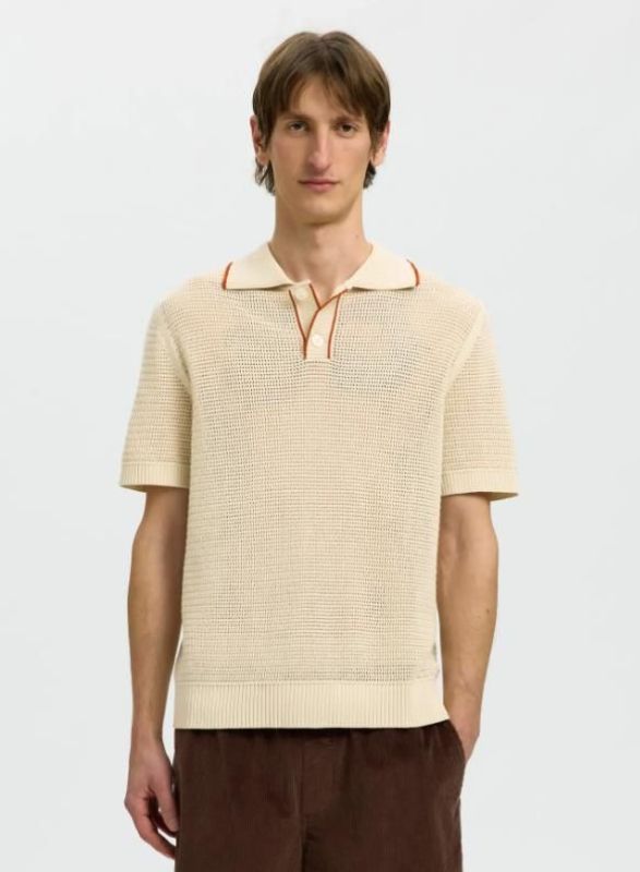 SLH Jesse SS Knit Open Structure Polo Birch/Potter's Clay  (16101364 Birch Potter's Clay) - Caramel (Sint-Job-in-’t-Goor)