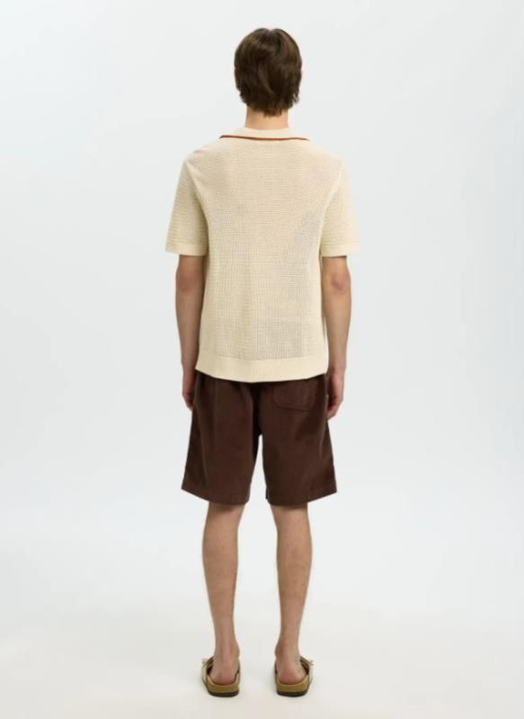 SLH Jesse SS Knit Open Structure Polo Birch/Potter's Clay  (16101364 Birch Potter's Clay) - Caramel (Sint-Job-in-’t-Goor)