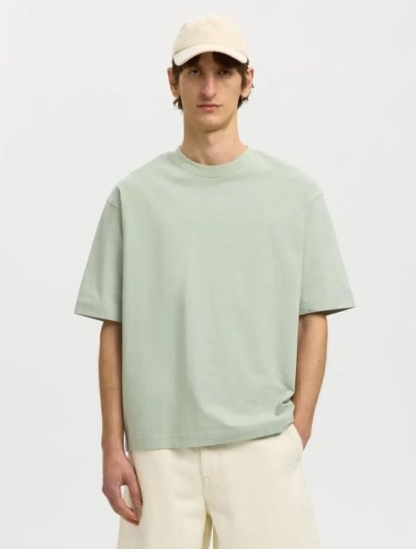 SLH Relax Norman License SS Tee Aqua Gray  (16101616 Aqua Gray) - Caramel (Sint-Job-in-’t-Goor)