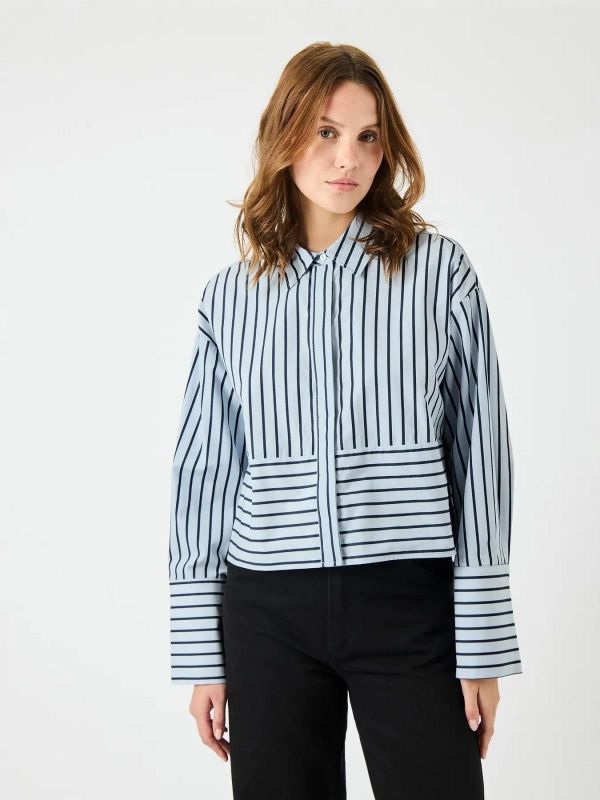 Y.A.S. Lee LS Short Stripe Shirt Skyway With Navy Stripes  (26039821 SKYWAY) - Caramel (Sint-Job-in-’t-Goor)