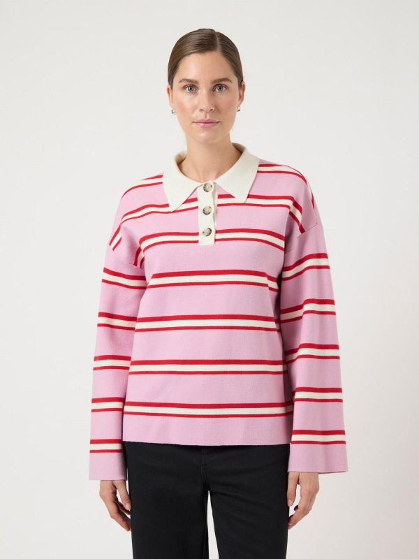 Y.A.S. Isabell LS Polo Knit Pullover Pirouette Stripes  (26040272 pirouette) - Caramel (Sint-Job-in-’t-Goor)