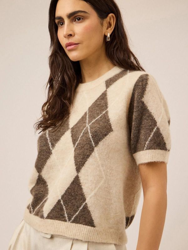 Y.A.S. Johi SS Wool Blend Pullover Oatmeal Taupe Gray + Pristine Harlequin  (26040997 OATMEAL TAUPE GREY ) - Caramel (Sint-Job-in-’t-Goor)