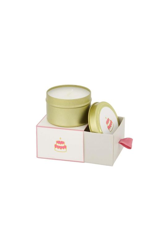 Zusss Geurkaars Tinnen Schuifdoosje 'Gefeliciteerd Taart'  (0503-337/7096) - Caramel (Sint-Job-in-’t-Goor)