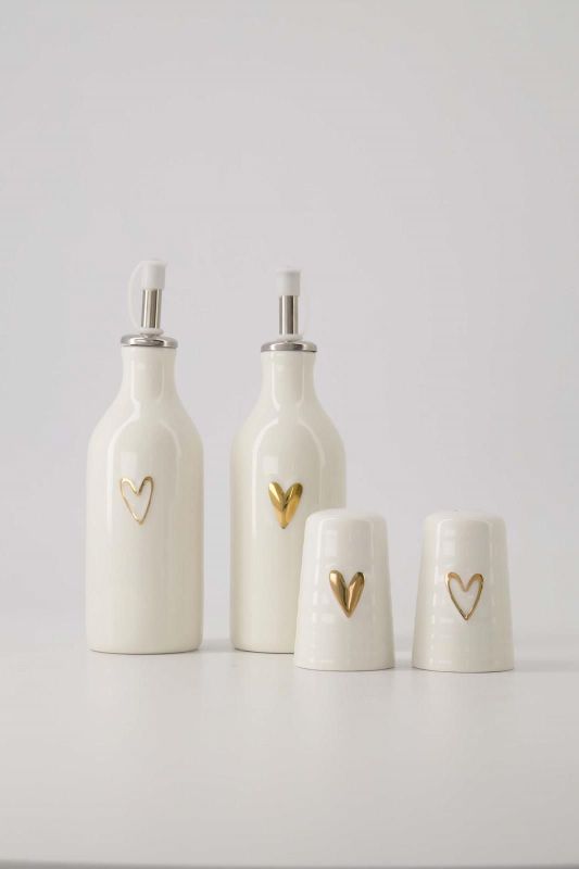 Zusss Olie/Azijn Fles Keramiek Open Hartje Wit/Goud  (0704-029/1004) - Caramel (Sint-Job-in-’t-Goor)