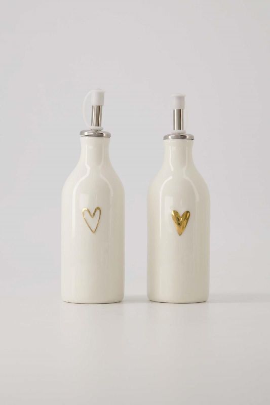 Zusss Olie/Azijn Fles Keramiek Open Hartje Wit/Goud  (0704-029/1004) - Caramel (Sint-Job-in-’t-Goor)